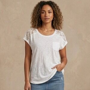 Paper + Tee Blouse Womens Plus Size 1X White Lace Shoulder Floral Top Boho Y2K